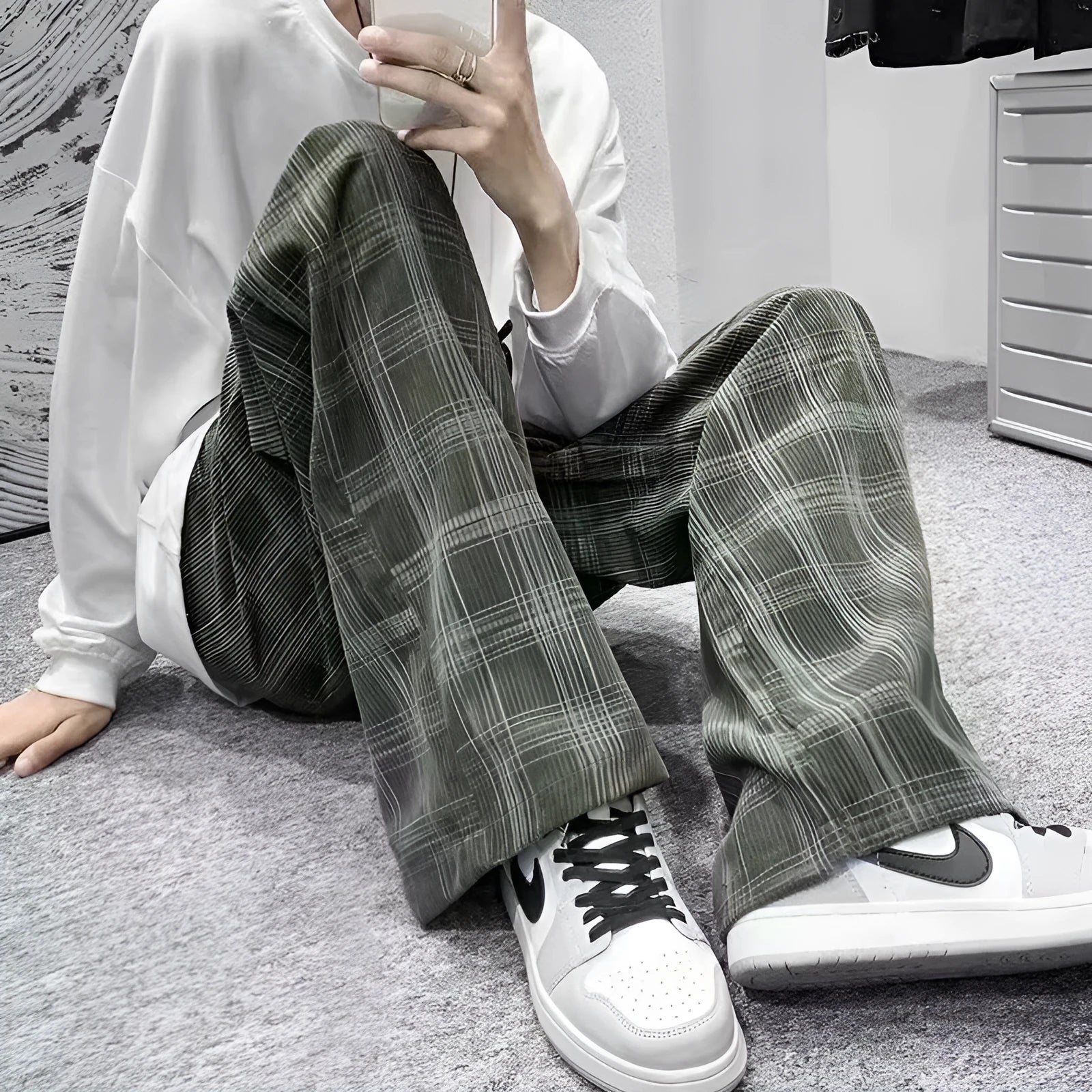 Japanese retro loose plaid pants in straight leg cut, available in black and green colour options