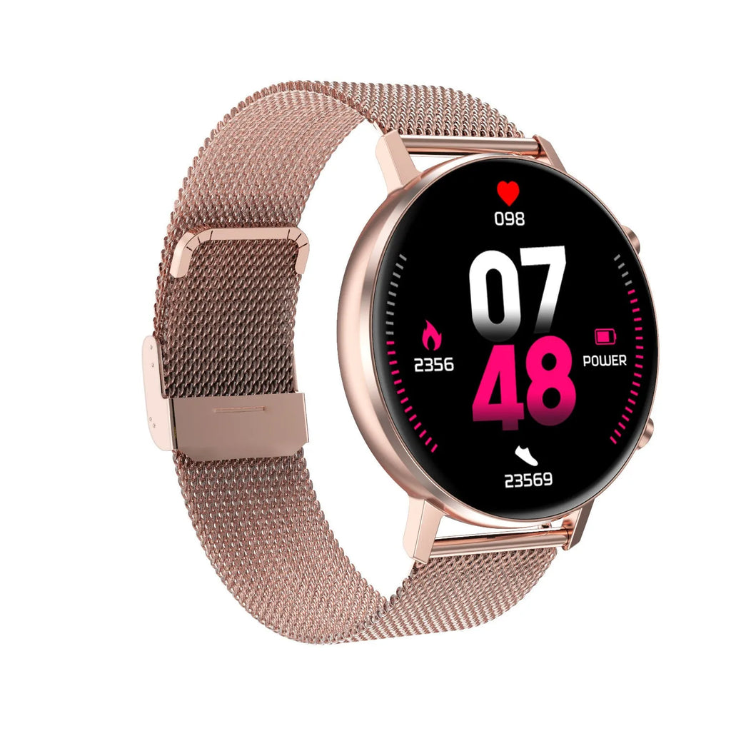 DT96 smart bracelet with steel strap on a wrist, showing its 1.3-inch display.