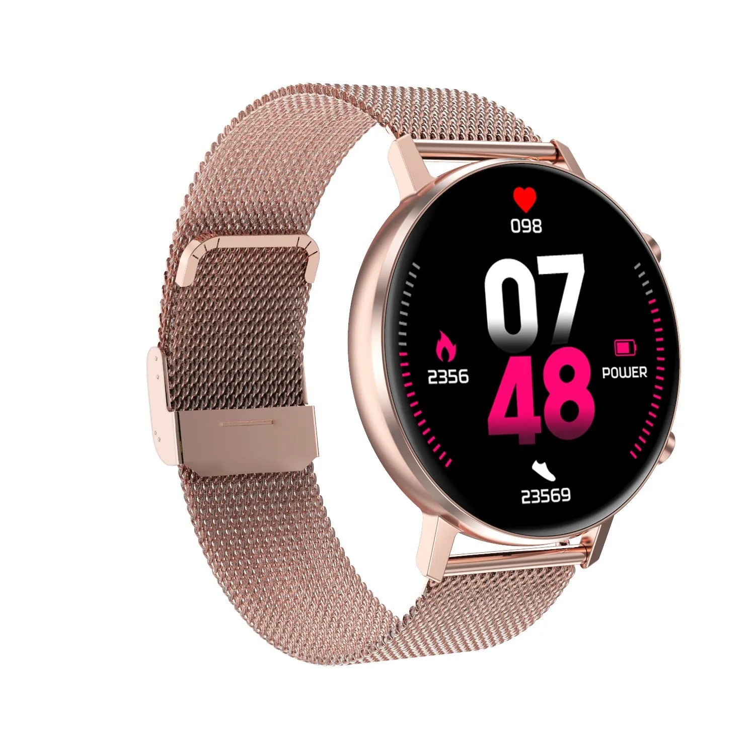 DT96 smart bracelet with steel strap on a wrist, showing its 1.3-inch display.
