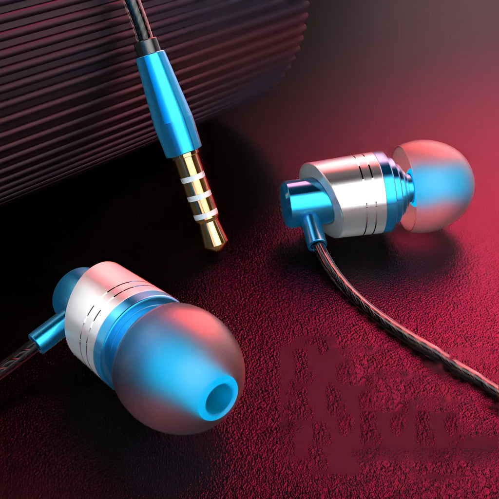 3.5mm wired in-ear headphones with detachable microphone in black, blue, or red colours showing 10mm drivers and TPE cable