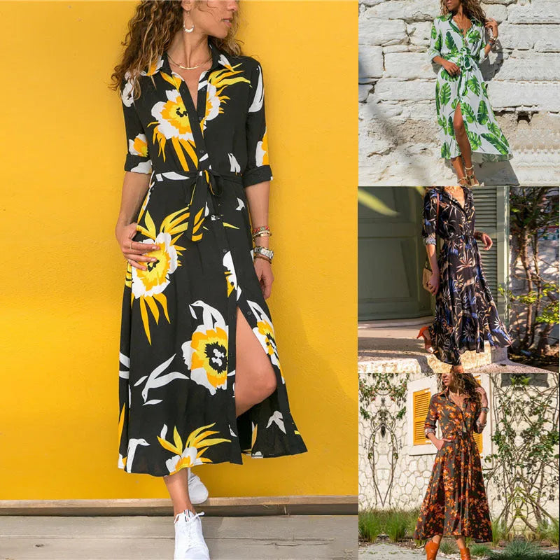 Women's vintage print chiffon dress with V-neck and high-waisted A-line skirt in multiple colour options