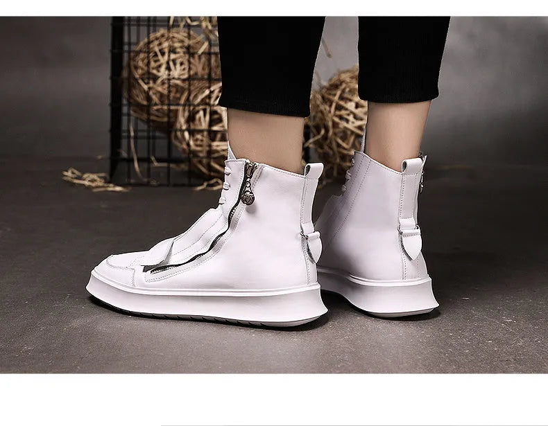 Men's black and white PU leather ankle boots in high-top sneaker style for winter