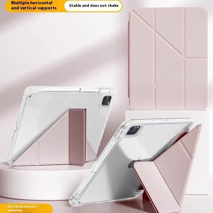 Transparent acrylic iPad protective cover showing integrated bracket and magnetic closure for multiple tablet models