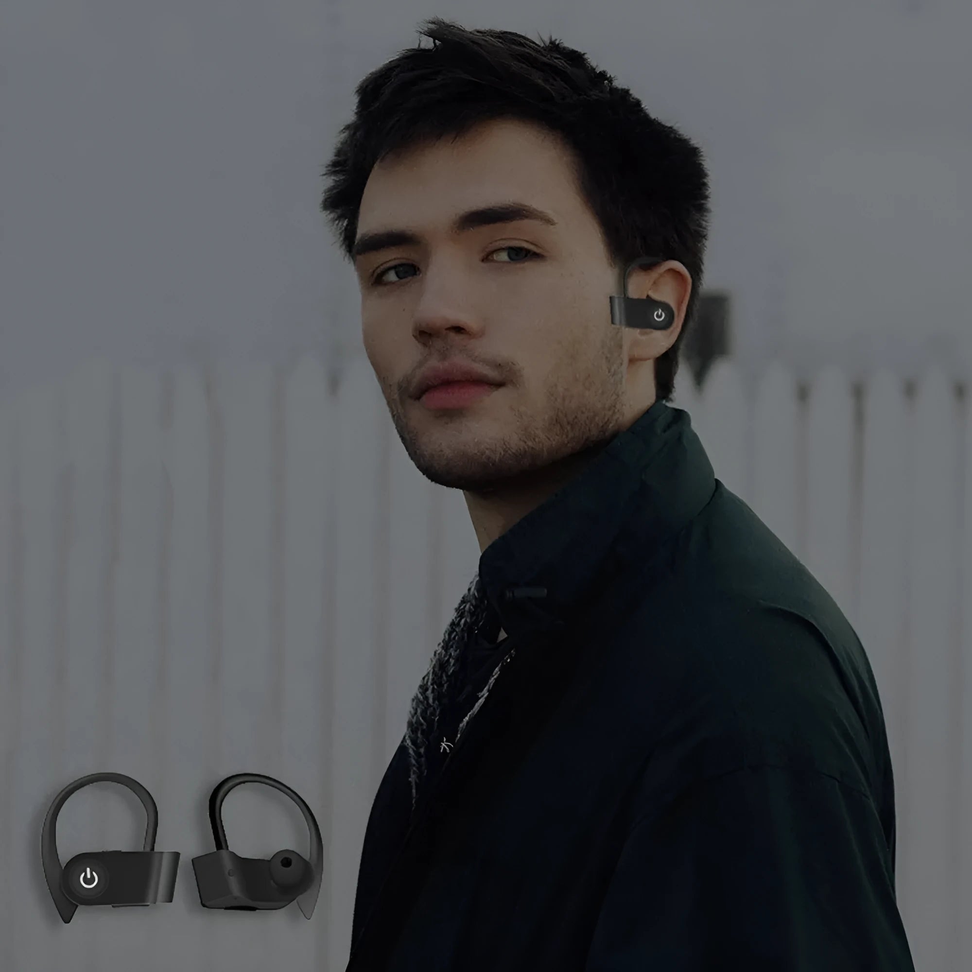 Black wireless Bluetooth V5.0 headphones with ergonomic earpieces and a charging case.