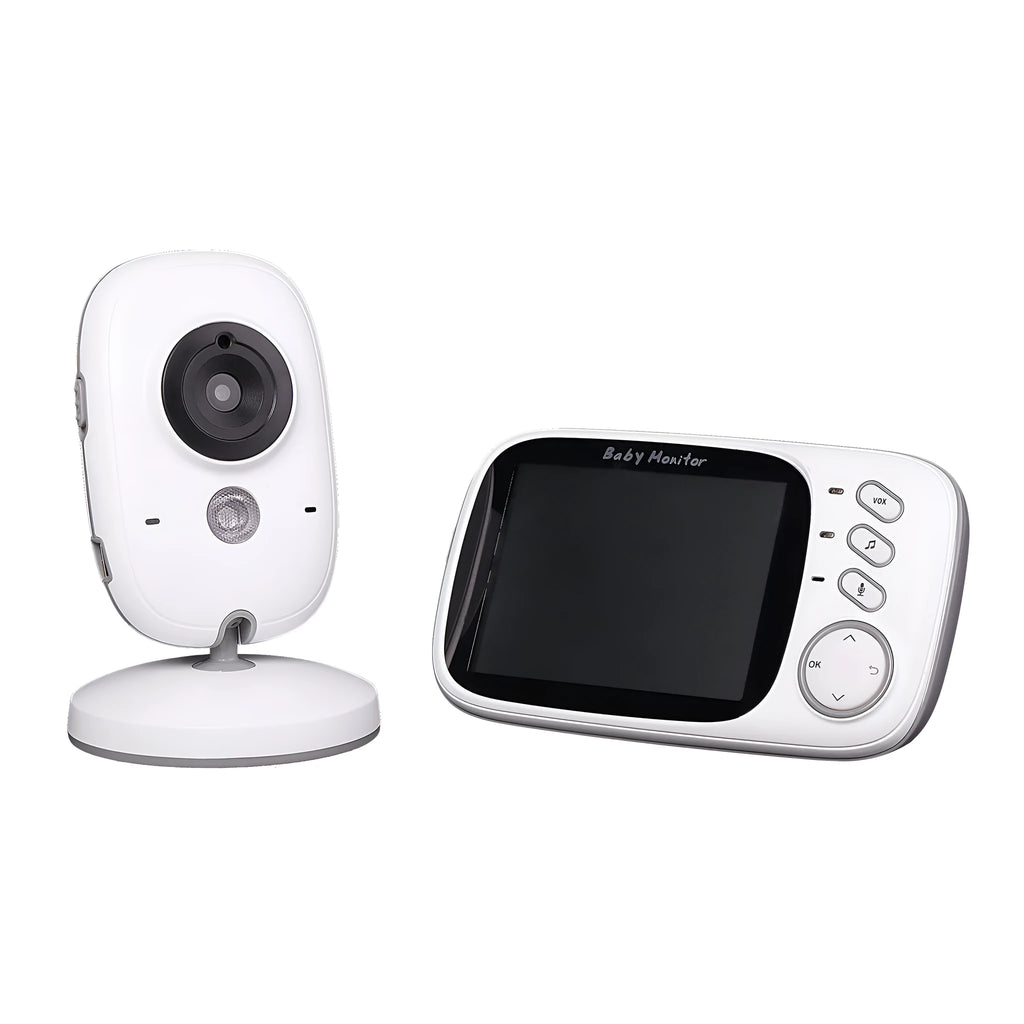 VB603 digital baby monitor showing parent unit with 3.2 inch screen and separate camera with night vision LEDs.