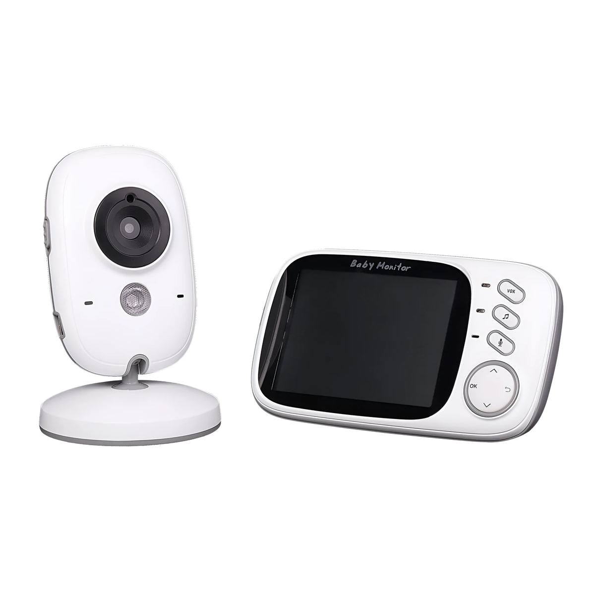 VB603 digital baby monitor showing parent unit with 3.2 inch screen and separate camera with night vision LEDs.