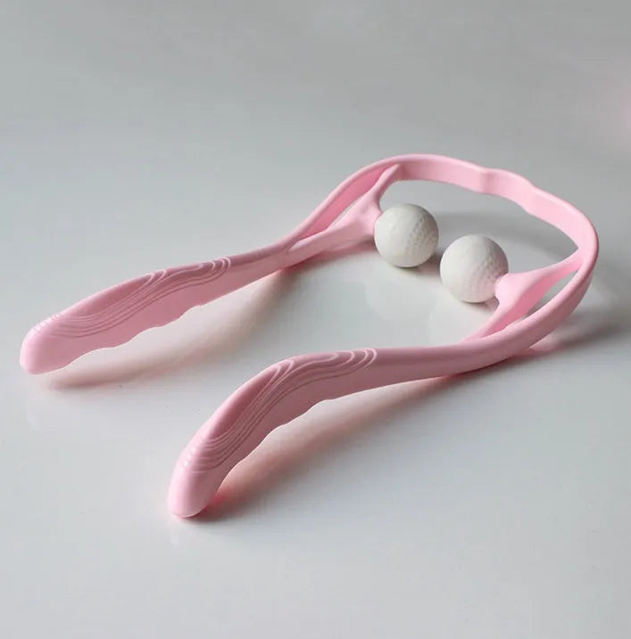 Plastic neck massager with hand roller in pink, blue, or green colours on adjustable stand