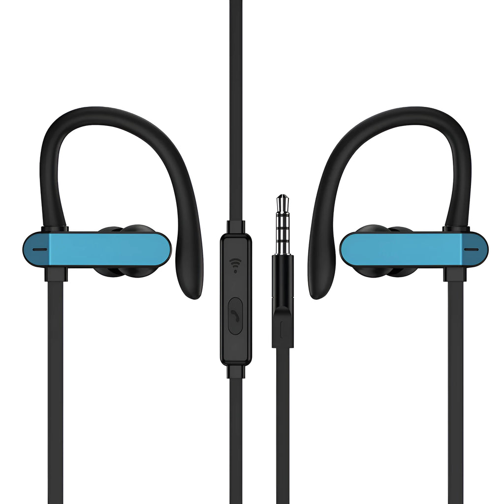 PTM TS27 sport ear hooks with microphone in black and blue, showing flexible over-ear design and silicone earbud covers.