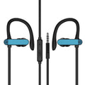 PTM TS27 sport ear hooks with microphone in black and blue, showing flexible over-ear design and silicone earbud covers.