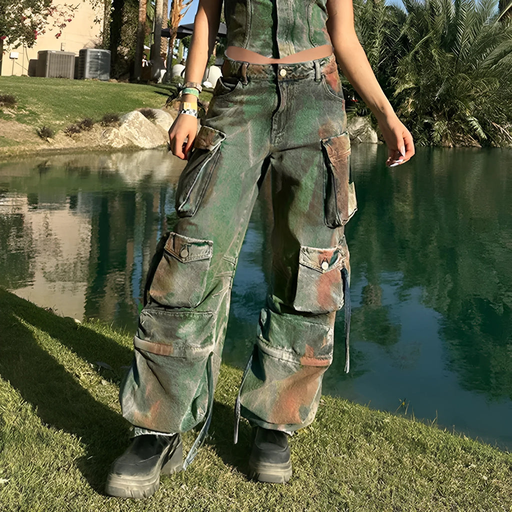 Loose fit cargo denim trousers with gradient colour patch pockets and multiple storage compartments