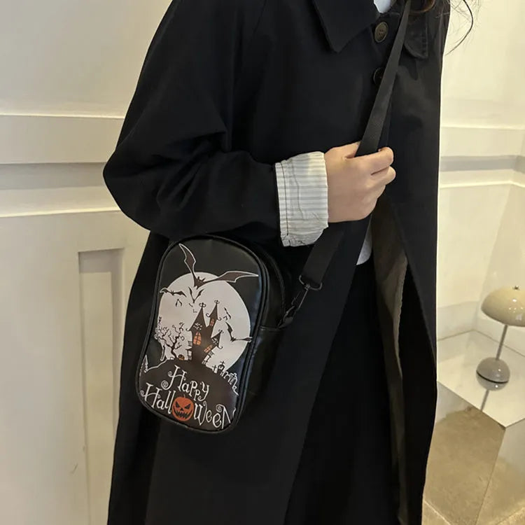 Halloween graffiti crossbody bag with pumpkin ghost bat print on black PU leather