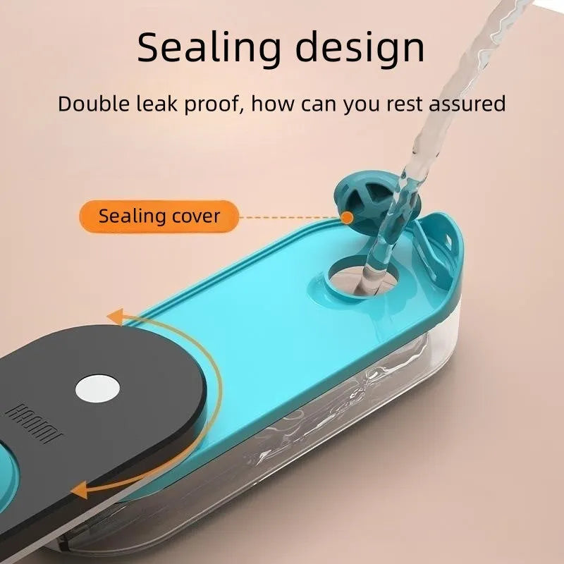 Portable blue dog water bottle with a folded silicone drinking bowl attached to its side.