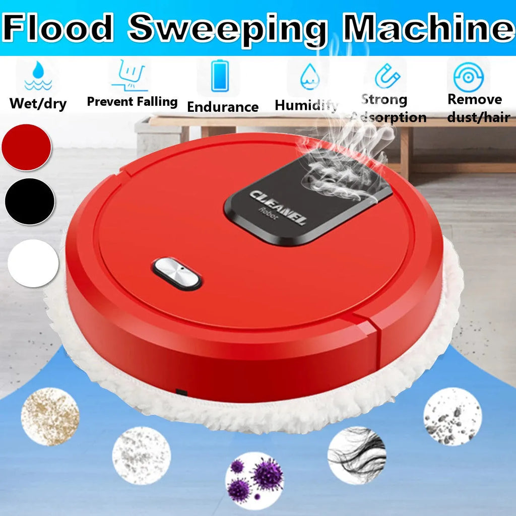 Automatic sweeping robot with wet and dry mopping cloths, 65mm slim body, and USB cable