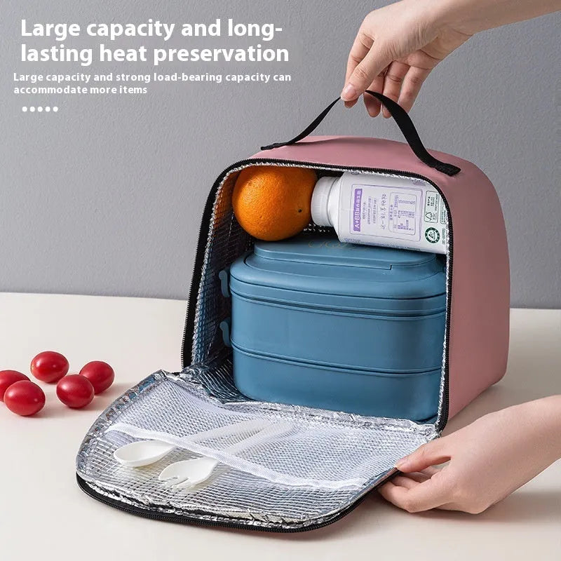 Large insulated lunch box bento handbag in textured cloth with heat preservation function