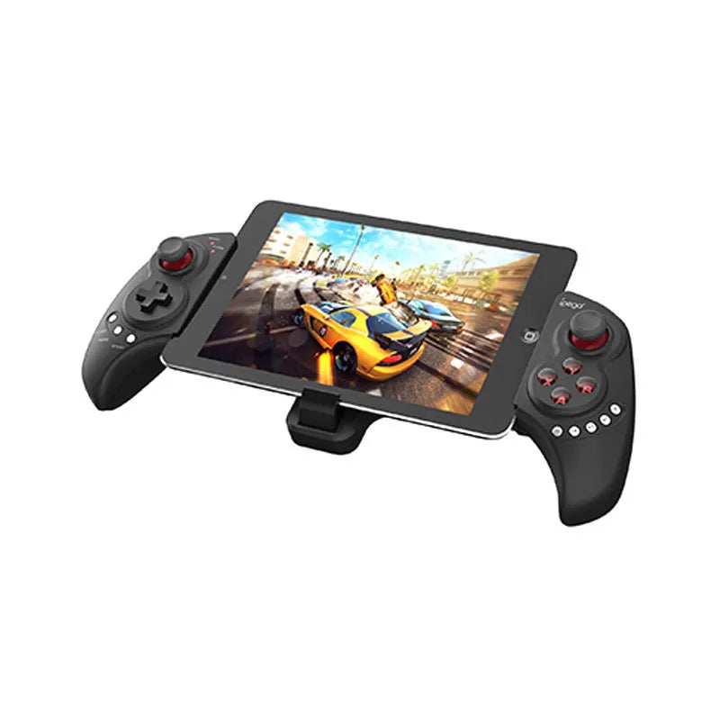 PG-9023 wireless telescopic Bluetooth gamepad controller shown extended, compatible with iPhone and Android phones.