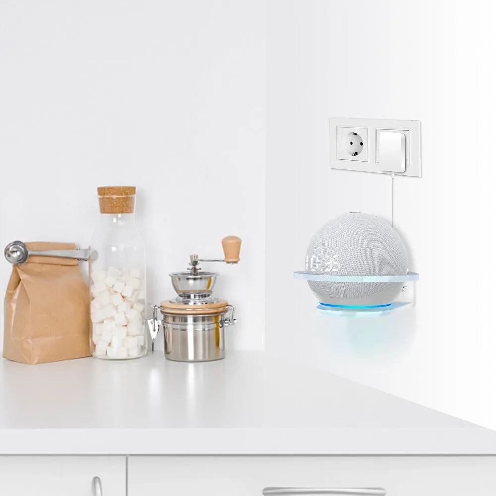White plastic wall mounting bracket for Amazon Echo Dot 4th generation smart speaker.