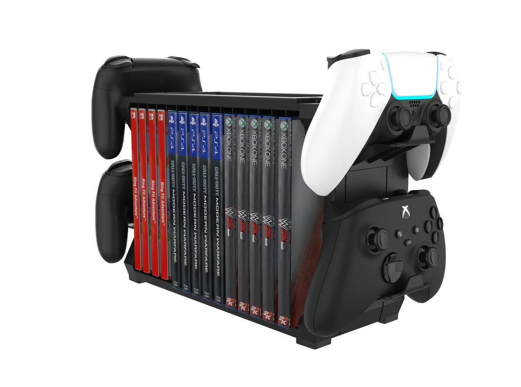 Black ABS plastic PS5 and Xbox Series X disc holder with controller storage stand