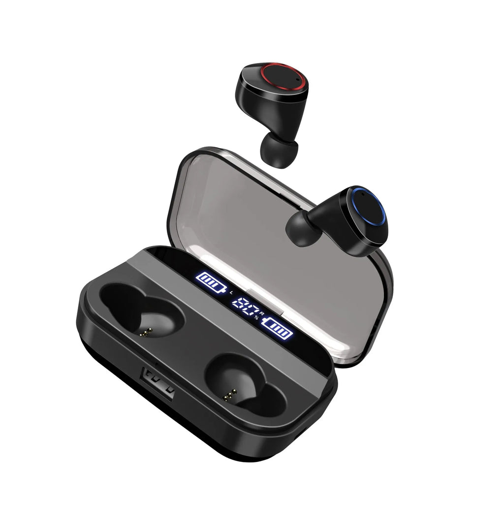 Black X11 Sky-Free true wireless Bluetooth earbuds with compact charging case on a white background.
