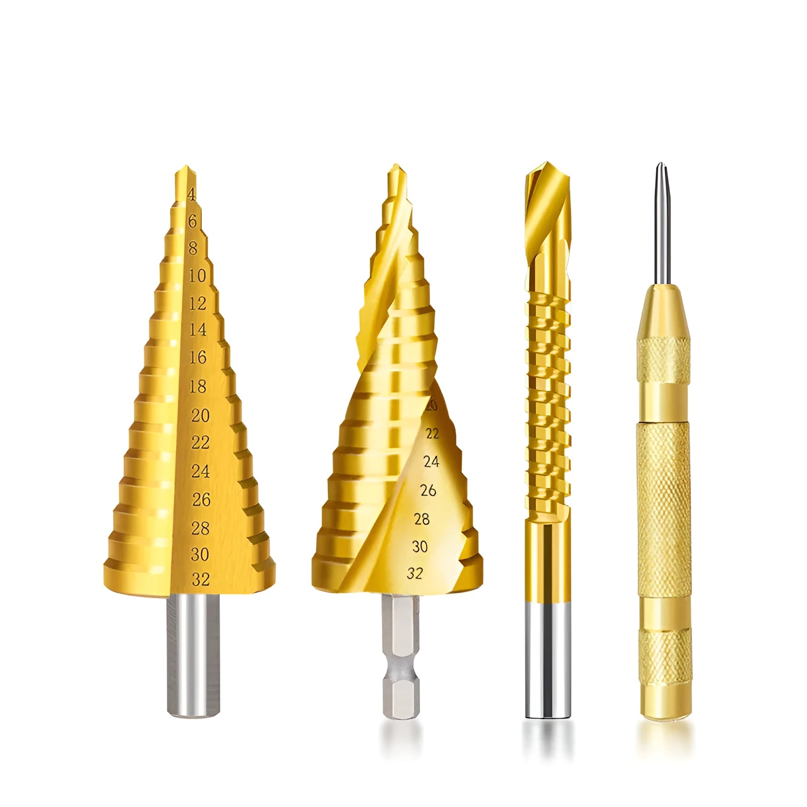 Cone-shaped step drill bits and a centre punch from a high-speed steel tool set on a workshop bench.