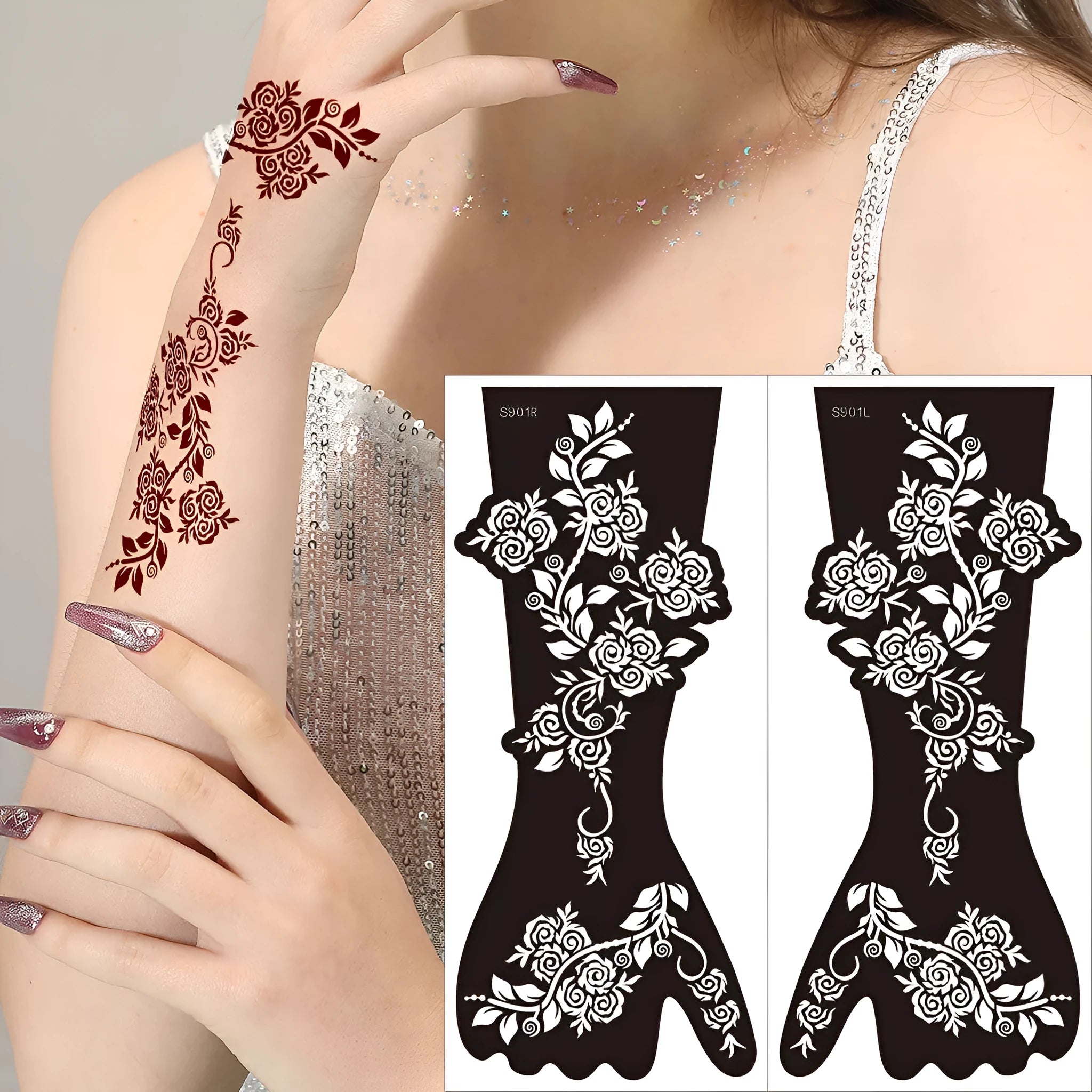 Set of geometric hollow template tattoo stickers showing 3D paper carving detail on sample designs.
