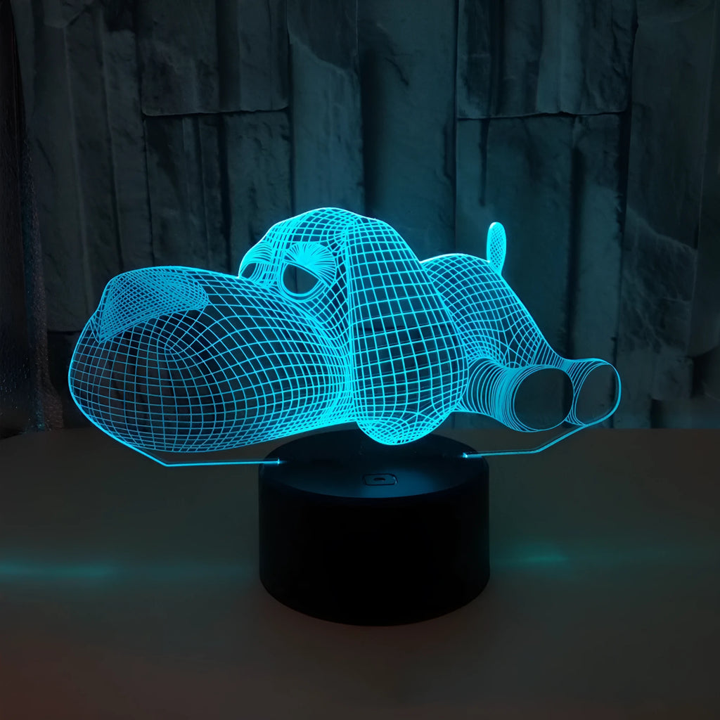 3D illusion dog desktop lamp showing seven colour options with touch button control