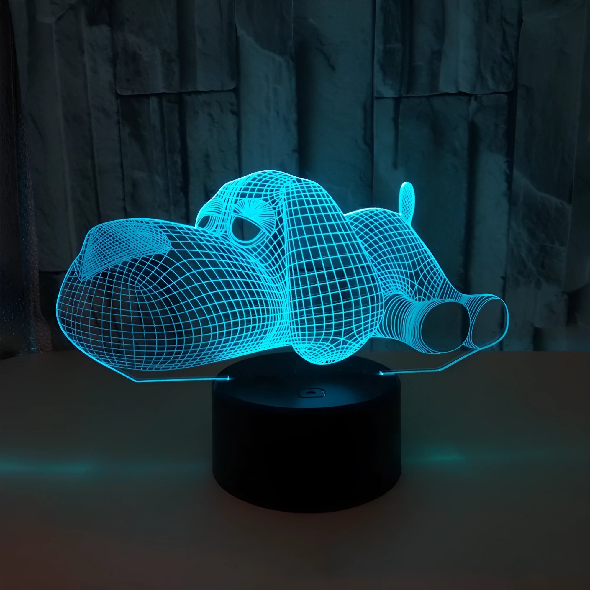 3D illusion dog desktop lamp showing seven colour options with touch button control