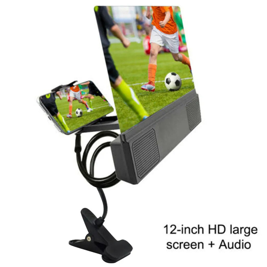 12-inch mobile phone screen amplifier with adjustable gooseneck stand and built-in speakers showing phone magnification
