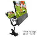 12-inch mobile phone screen amplifier with adjustable gooseneck stand and built-in speakers showing phone magnification