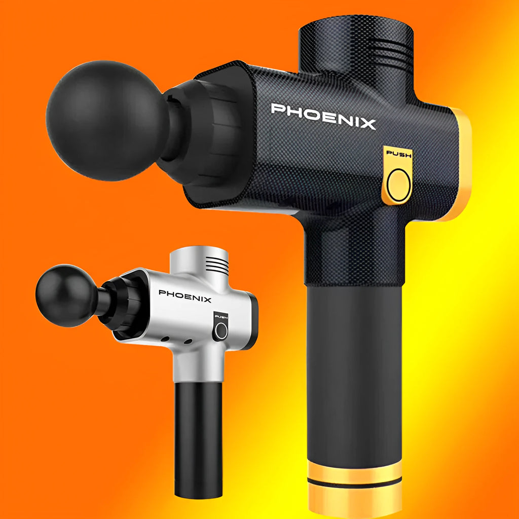 Black fascia massage gun with four removable heads on a grey background