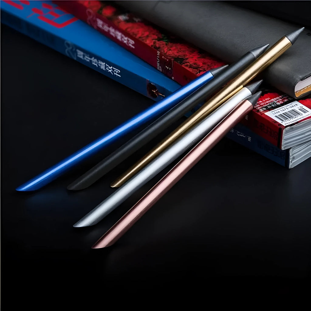 Inkless metal pen with alloy steel nib in choice of five colours including silver, gold, rose gold, black, and blue