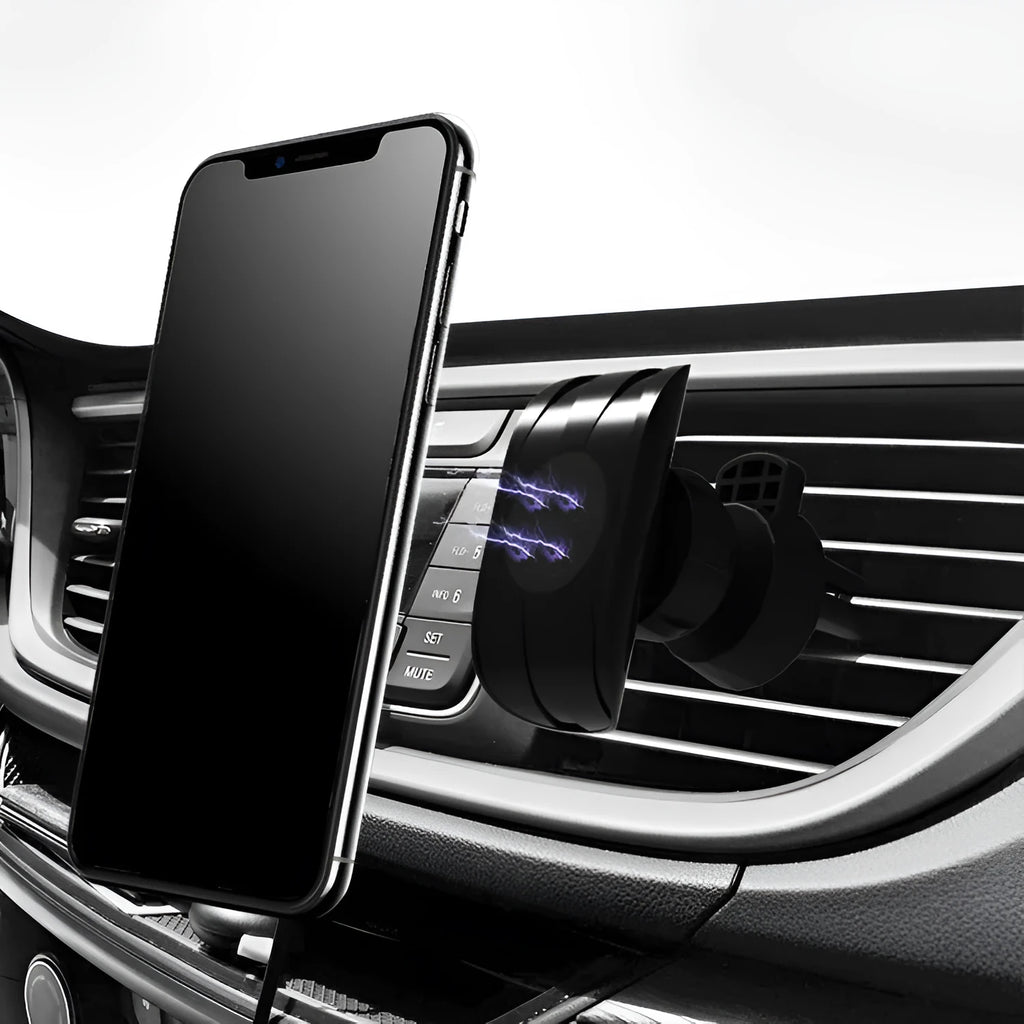 Glory black car phone holder mounted on car air vent with adjustable phone cradle