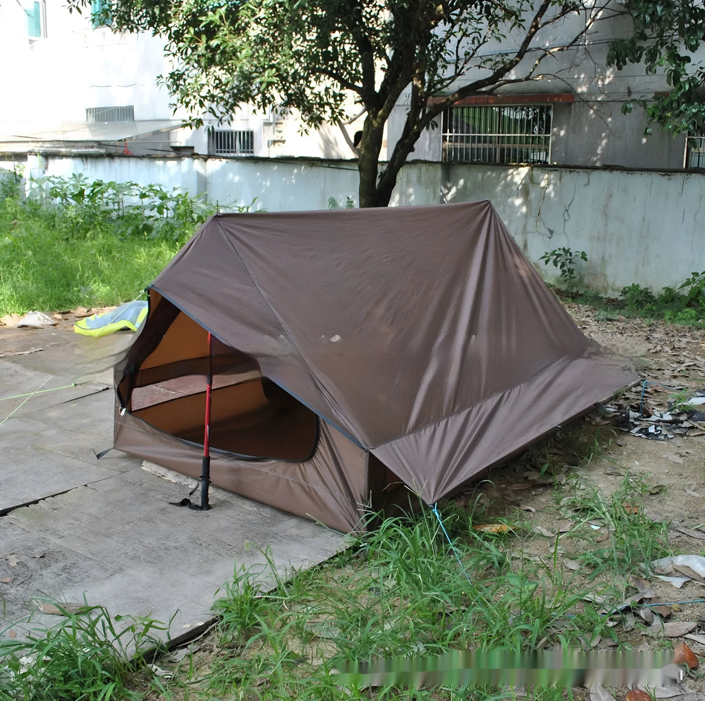 Brown and white pole-free A-line tent made of 210T fabric with PU4000 waterproofing for 2-3 people
