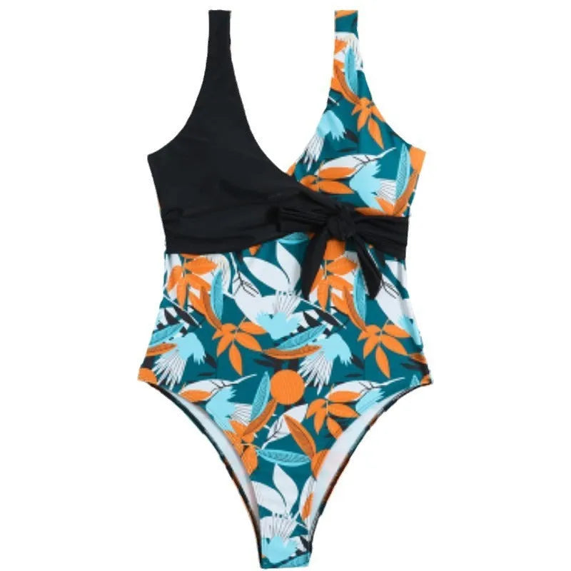 Women's high waist one-piece bikini with printed pattern in polyester and nylon swimwear fabric