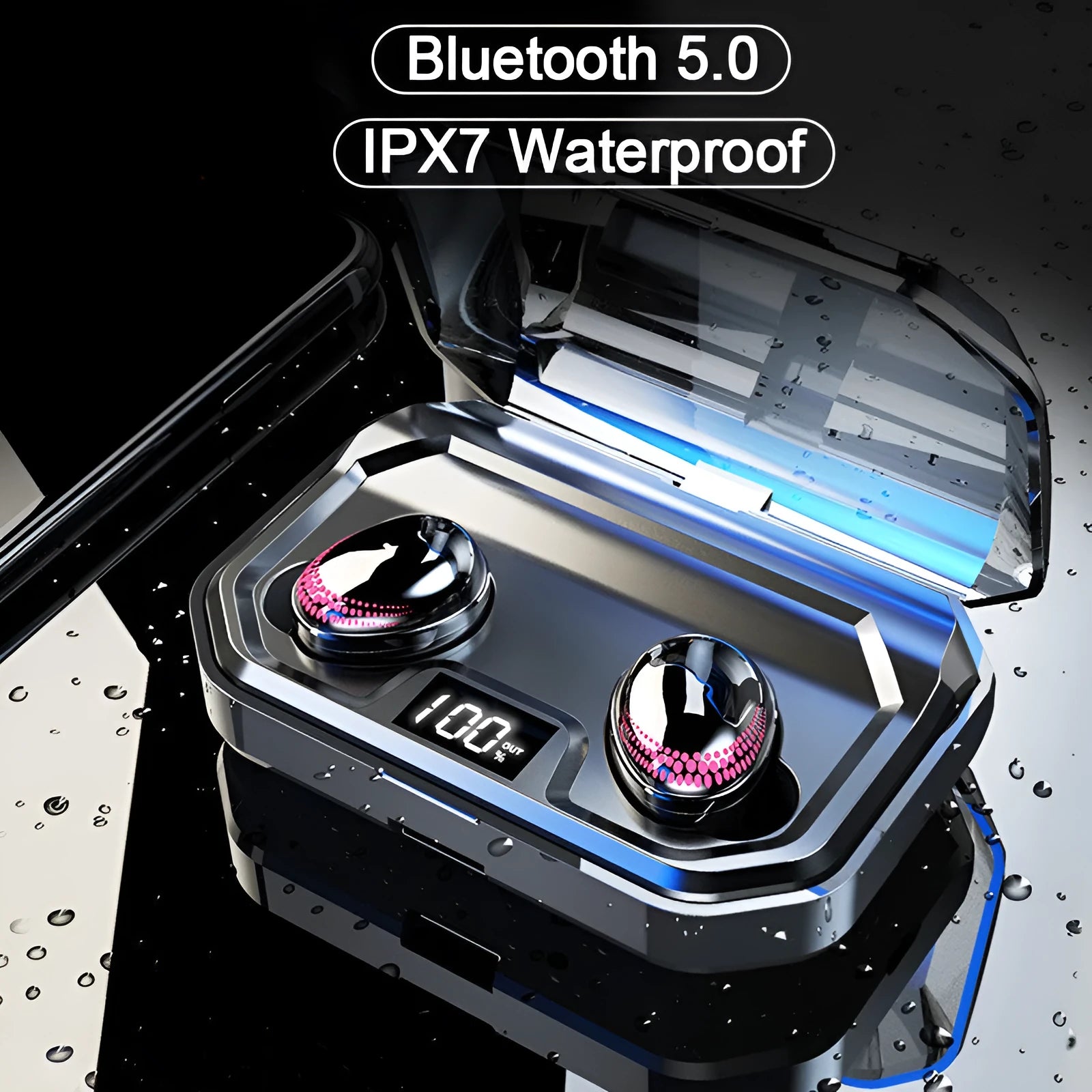 Black Bluetooth wireless headset with charging case showing earpieces stored in compact case