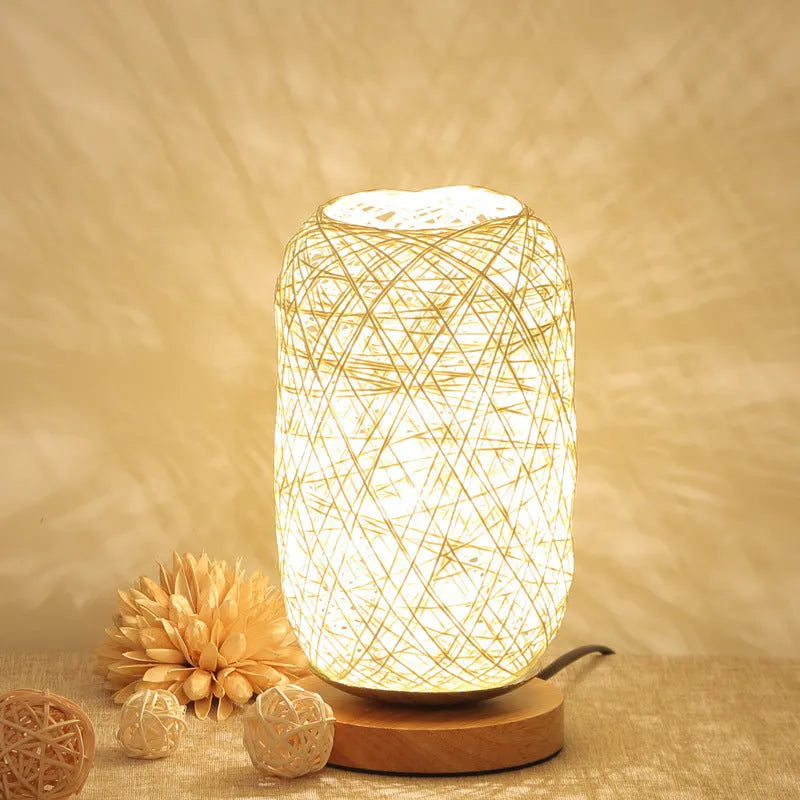 Sepak Takraw hemp rope desk lamp with solid wood base and USB cable