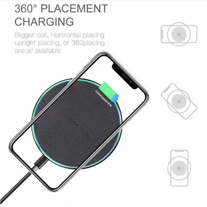 Black Quick Qi wireless charging pad with LED indicator for iPhone 11 and Qi phones