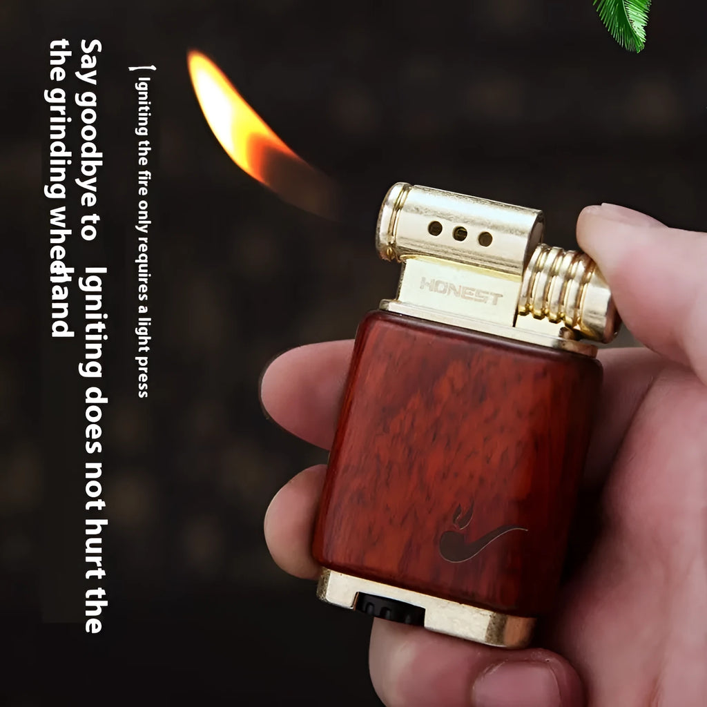 Ebony gas lighter with decorative wood designs in casual style