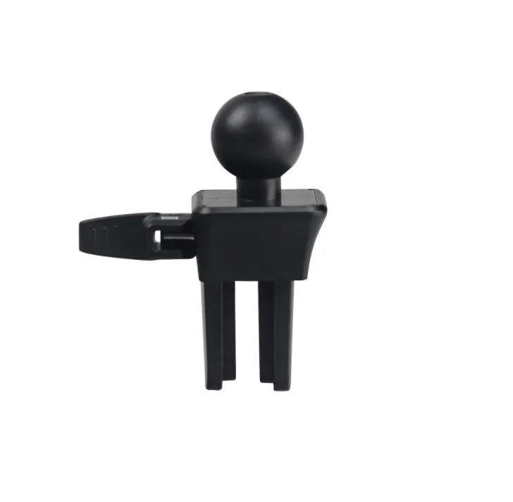 Black plastic car air vent mobile phone holder mounted on a car vent, holding a smartphone.