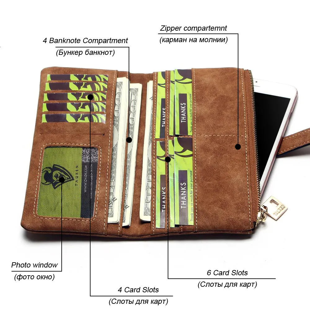 Korean retro matte leather long wallet open showing card slots, phone pocket, and two-fold design