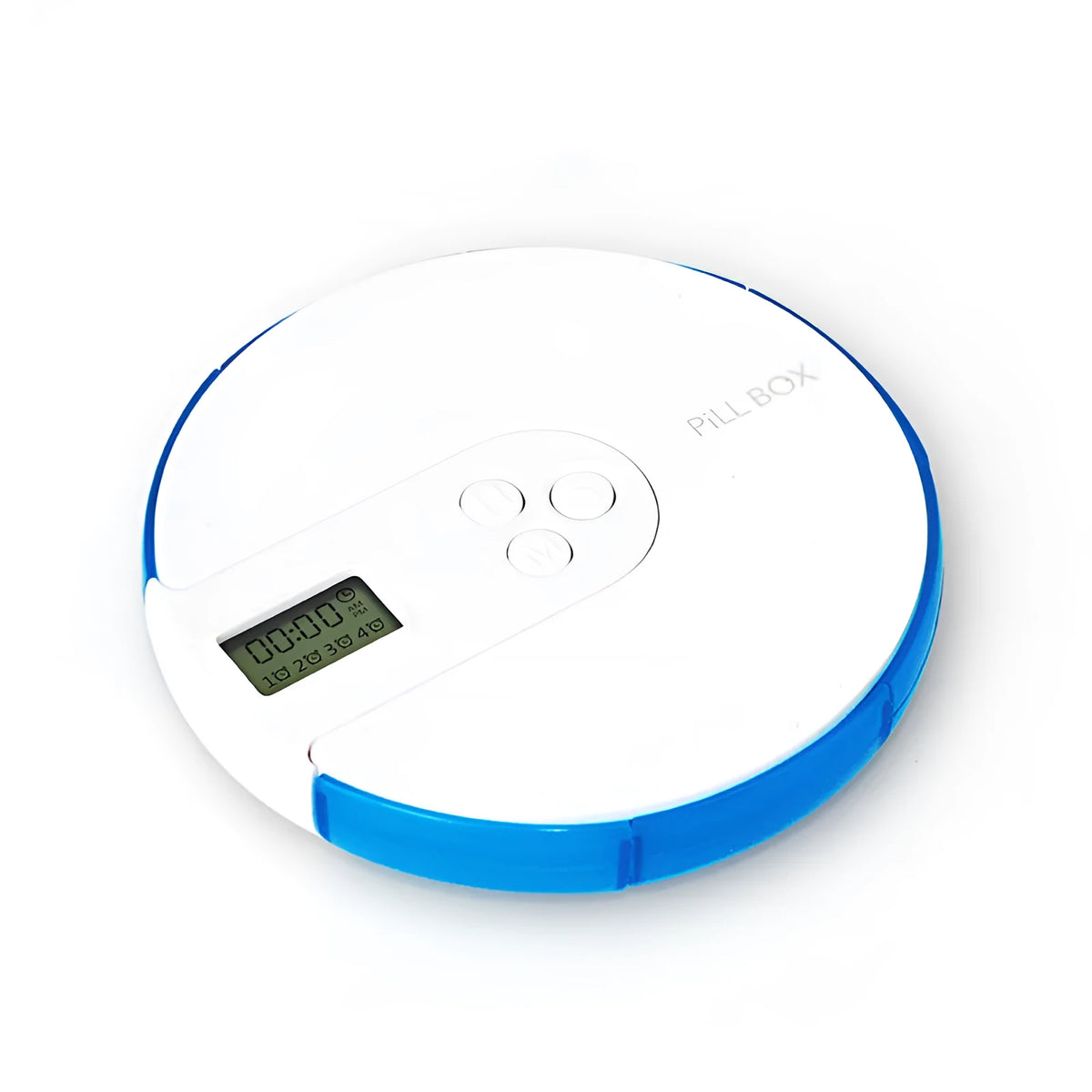 Blue 7-compartment alarm clock pill dispenser showing timer display and storage sections