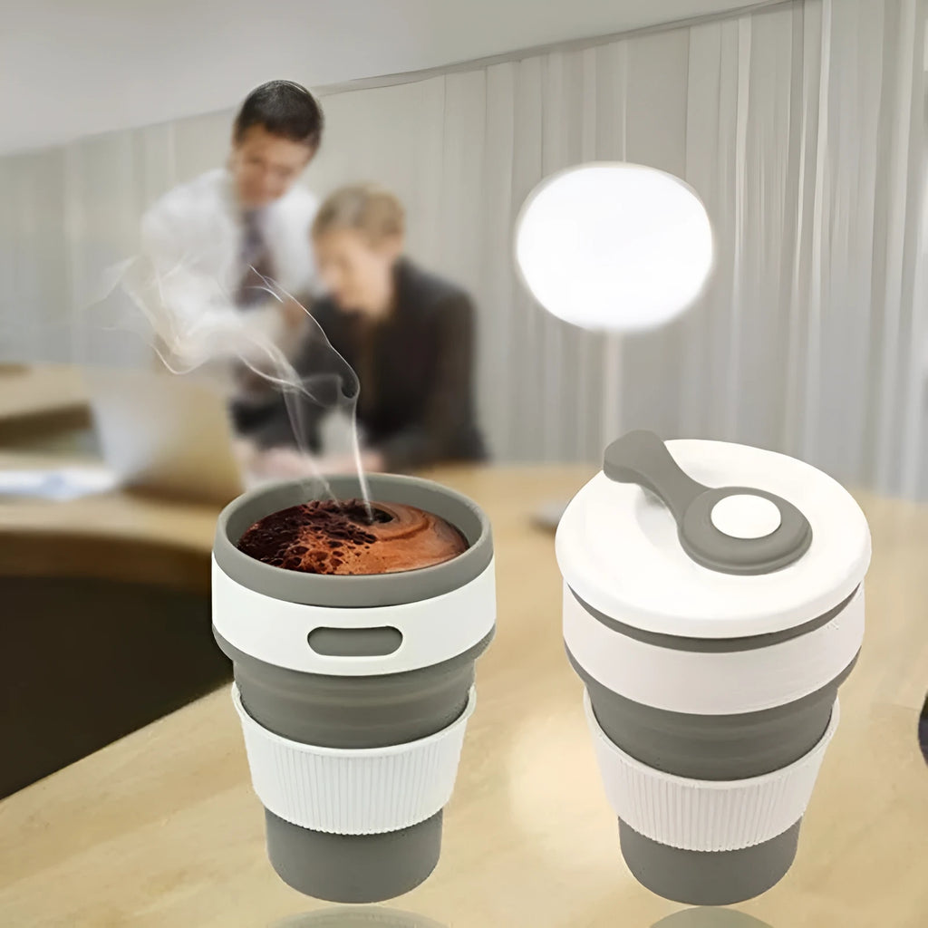 Collapsible silicone travel mug shown expanded and folded with leak-proof lid in multiple colours