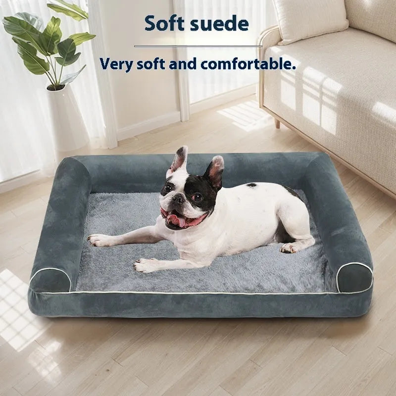 Square can design sponge dog bed in blue colour showing breathable mattress construction