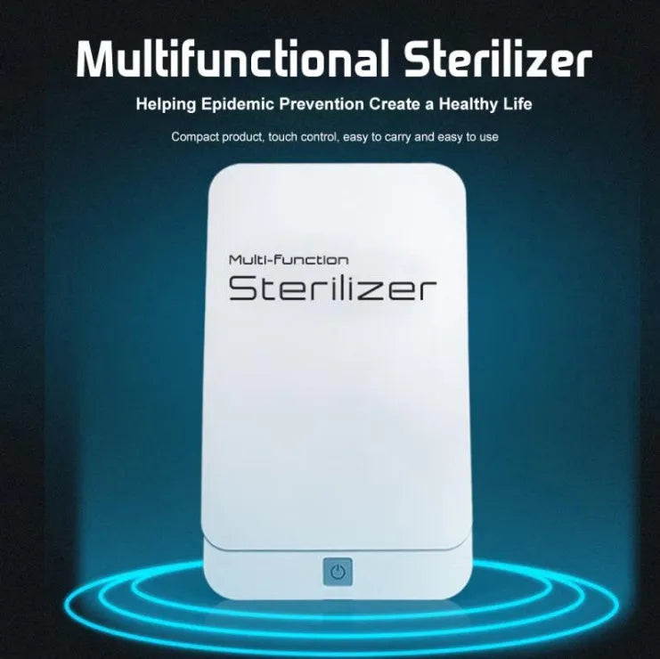 Blue UV mobile phone steriliser box with touch controls and capacity for 6.5-inch phones