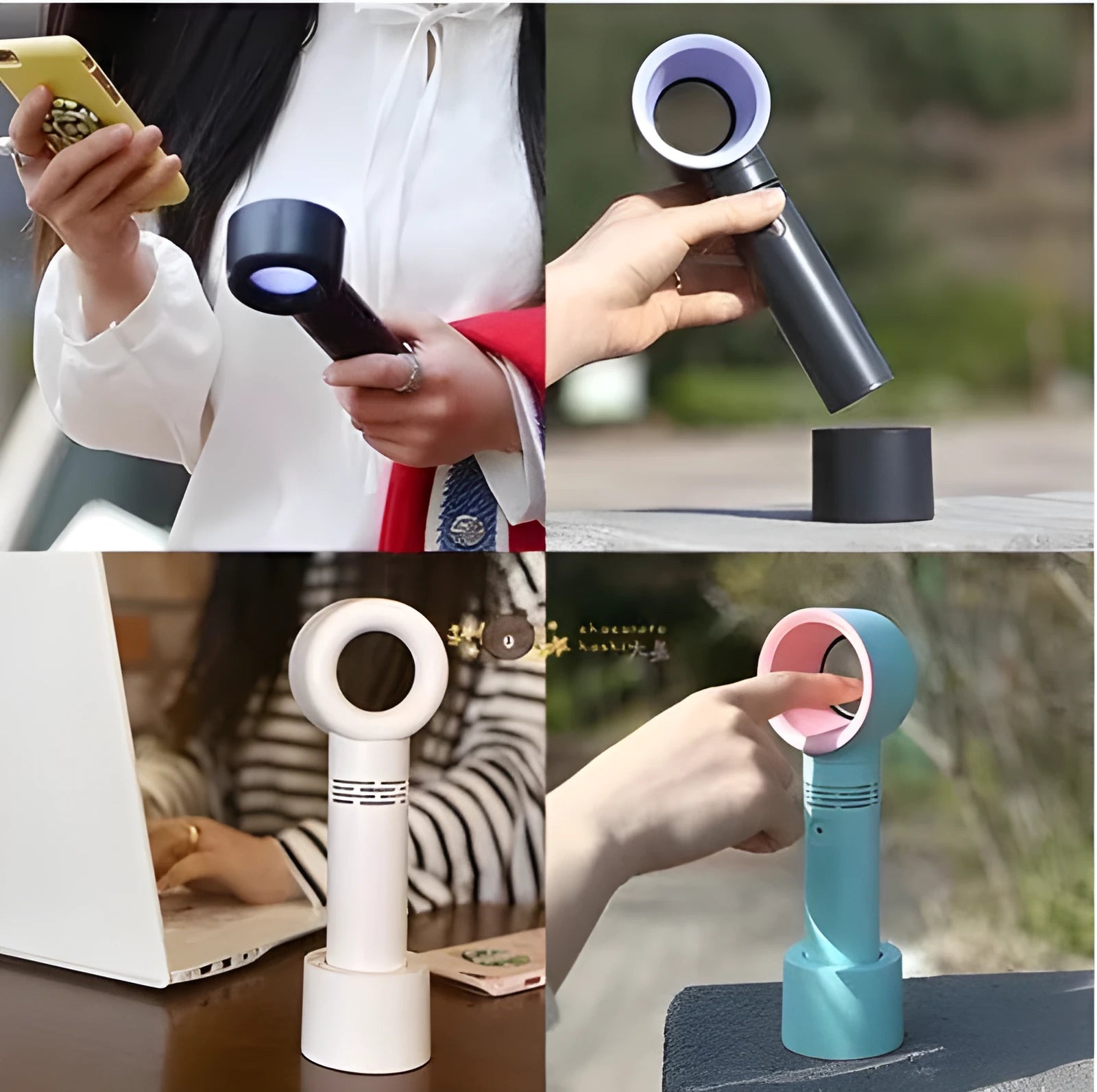 Compact portable bladeless fan in chosen colour on its base, with USB cable for charging.