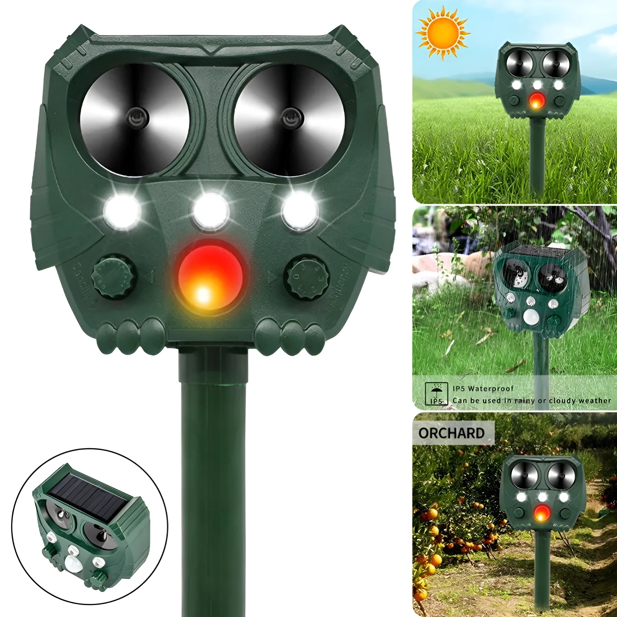 Green solar-powered ultrasonic animal repeller unit with solar panel on top