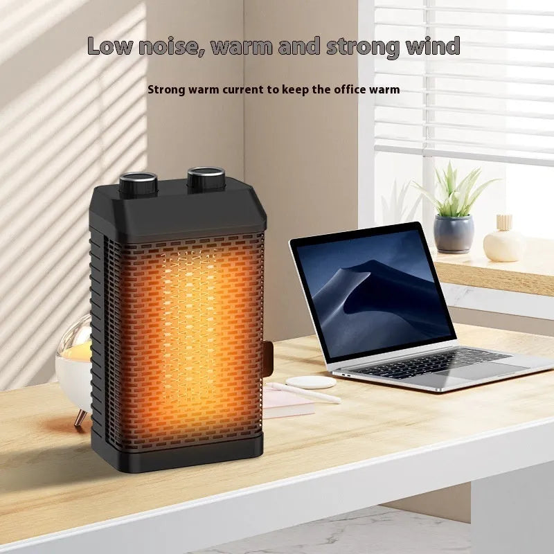 Black remote control desktop space heater with digital display on a wooden desk.