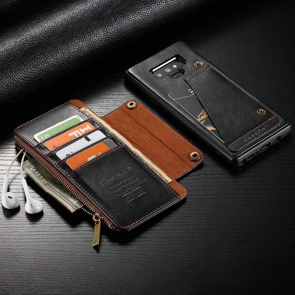 Black PU leather flip phone case open to show Samsung Note9, demonstrating front and back protection.