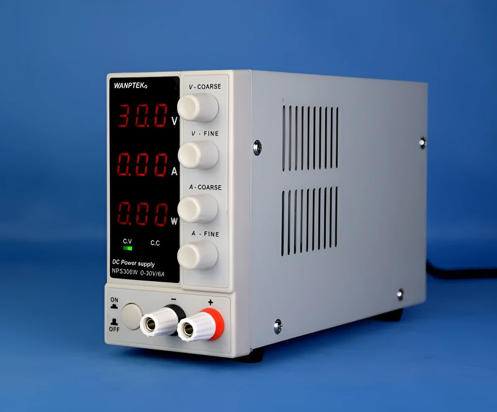 White adjustable DC power supply with voltage and current controls for electronics repair