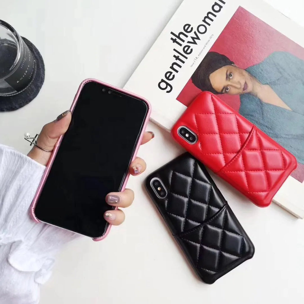 Leather mobile phone case for iPhone XS Max and other models in black, pink, or red.