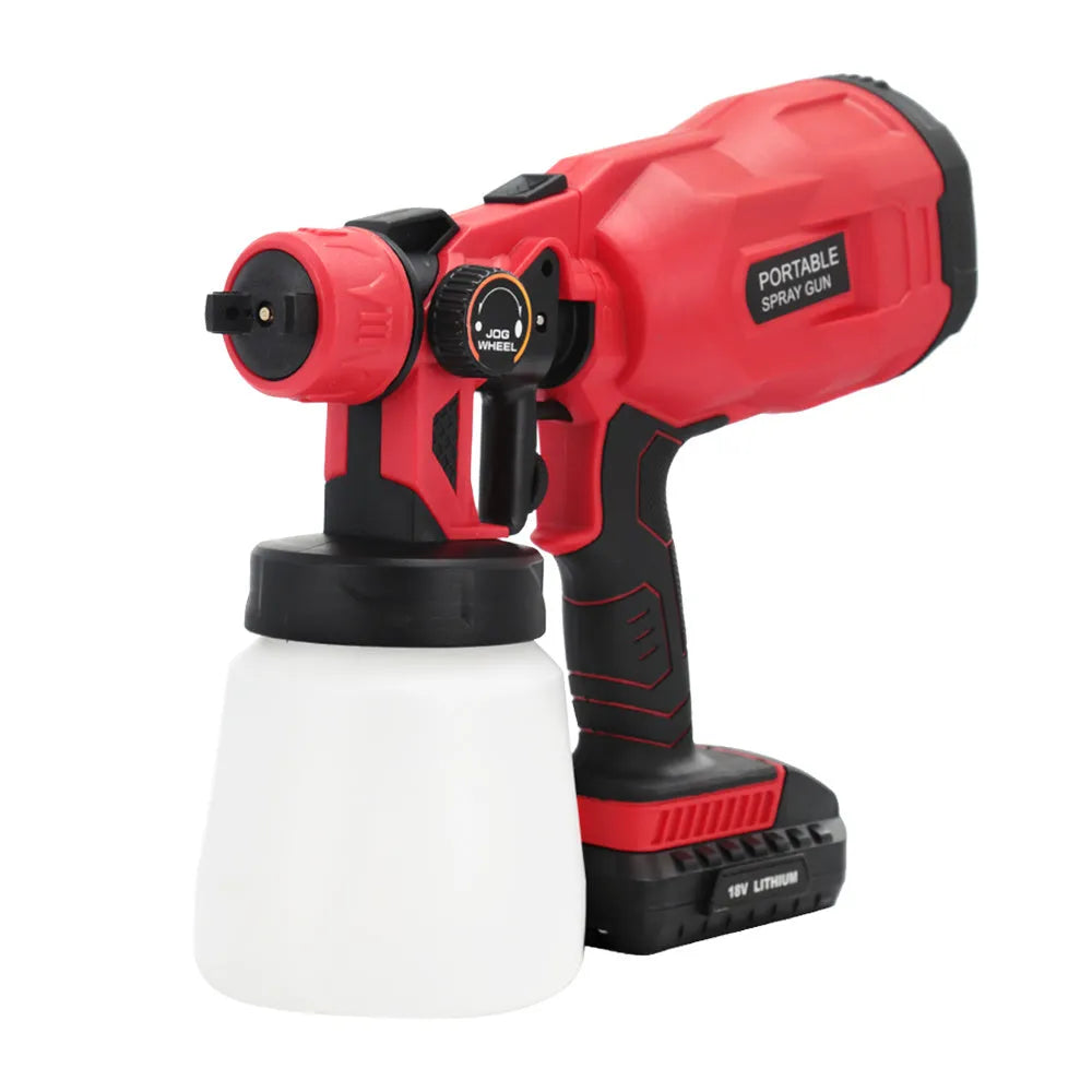 Blue cordless paint spray gun with 800ml watering can attached